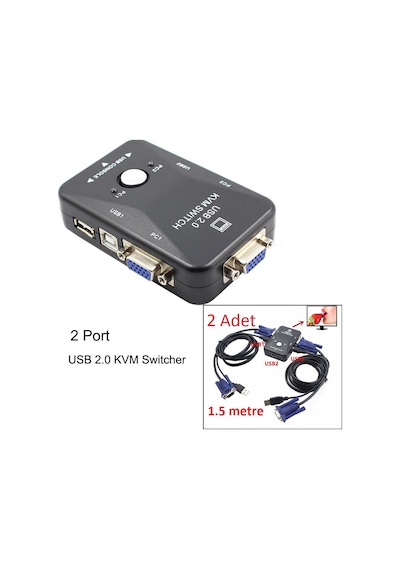 2 Port Usb Kvm Switch 2 Pc Kasa Tek Kontrol + 2 Adet Vga Kablo