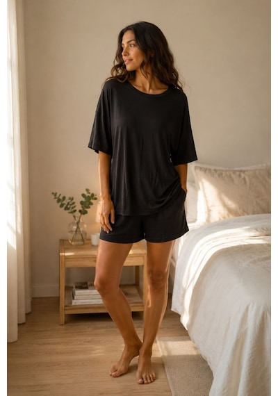 Bella Notte Soft Touch Dokuma Viskon Yazlık Pijama Takımı Siyah