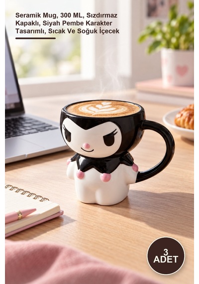 3 Adet Sanrio Kuromi Kapaklı Kupa Seramik Mug, 300 Ml, Sızdırmaz Kapaklı, Siyah Pembe Karakter Tasarımlı, Sıcak Ve Soğuk İçecek
