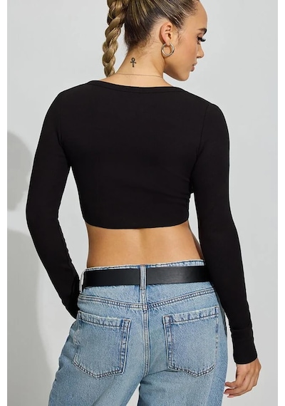 Madmext Siyah Uzun Kollu Düğmeli Kaşkorse Crop Hırka Mg2193 Siyah