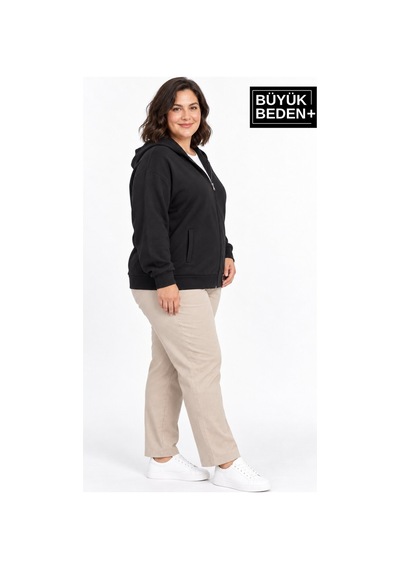 Süperlife Kadın Büyük Beden Fermuarlı Kapüşonlu Cepli Sweatshirt Hırka Rahat Kalıp Spr26bhrk961 Siyah