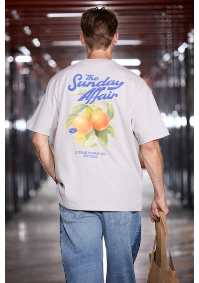 Grımelange Guardıano Erkek %100 Organik Pamuklu Baskı Detaylı Rahat Kalıp Açık Gri T-shirt