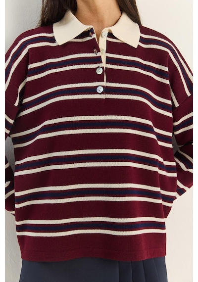 Shade Polo Yaka Çizgili Basic Triko Kazak 20258061 - Bordo