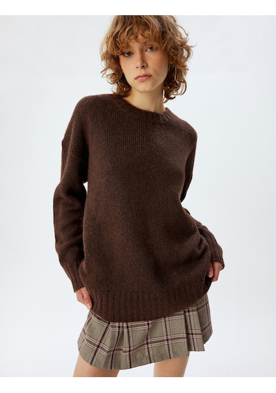 Koton Basic Triko Tunik Bisiklet Yaka Uzun Kollu Kahverengi 5wal60002ıt