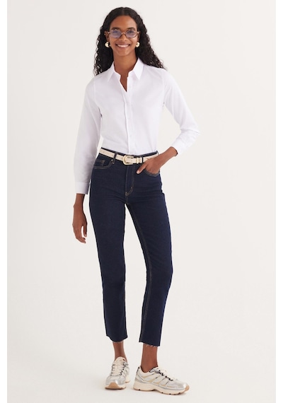 Tudors Kadın Slim Fit Dar Kesim Uzun Kollu Pamuklu Vücuda Oturan Dokulu Beyaz Basic Gömlek-35317 Beyaz