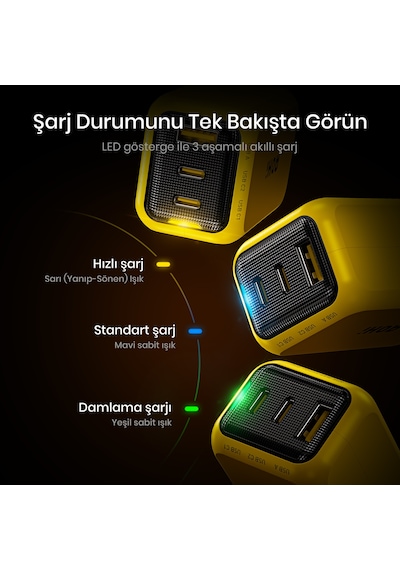 Aohi Youth 3 Portlu Şarj Adaptörü,65w Şarj Cihazı, Gan Hızlı Şarj İstasyonu, Sarı