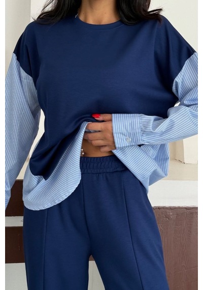 Ded Collectıon Kadın Çizgili Uzun Kollu Gömlek Detaylı Yuvarlak Yaka Sweatshirt Modal Takım Lacivert Ded Collectıon Kadın Çizgili Uzun Kollu Gömlek Detaylı Yuvarlak Yaka Sweatshirt Modal Takım Lacivert