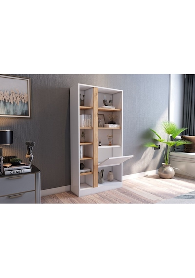 Lotus Kitaplık Kapaklı 160 Cm Atlantik Çam - Beyaz