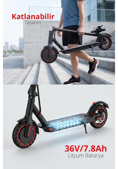 5010-k 500w Elektrikli Scooter 36v 7.8ah Pil Led Aydınlatma Lcd Ekran Uygulama Destekli Katlanabilir Kırmızı