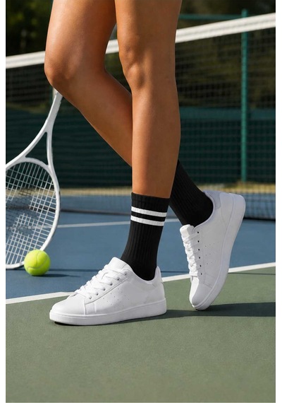 Tenra Ace 10'lu Kadın Çizgili Tenis Çorabı - Spor Soket Çorap Siyah