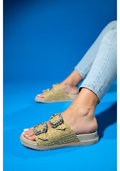 Luvishoes Dungeon Bej Hasır Çift Bantlı Taş Tokalı Kadın Terlik Bej