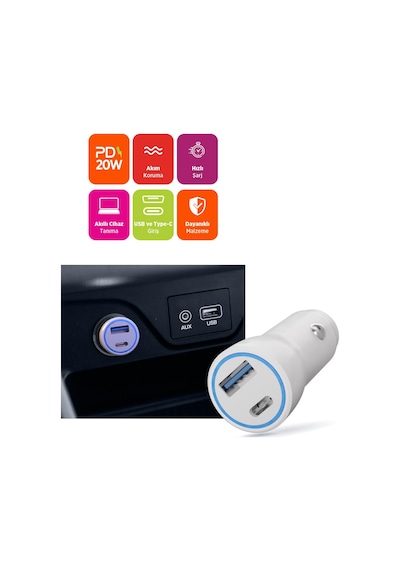 Polosmart Psm133 20w Pd Hızlı Araç Şarj Cihazı Type-c + Usb Çıkış Çift Port Akıllı Şarj Beyaz