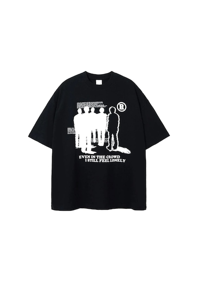 Flood Of Style Siyah Lonely Baskılı Bisiklet Yaka Oversize Erkek Tişört