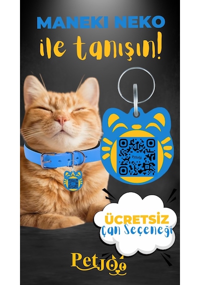 Petjoo 4.Maneki Neko Sarı-Mavi Qr'lı Kedi Künyesi