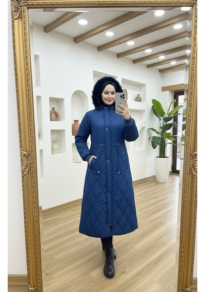 Eslemnur Belden Bağcıklı Şişme Mont 115cm Krinkıl Kumaş Mavi