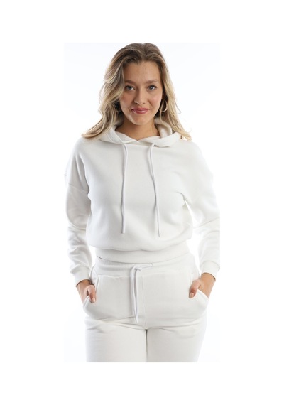 Kadın Kapüşonlu 3 İplik Şardonlu Sweat Ekru