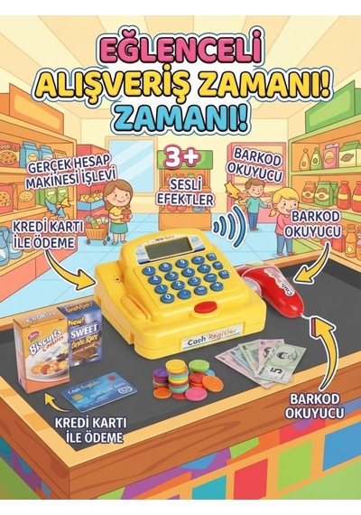 Fonksiyonel Hesap Yapan Sesli Açılır Kasa Kapaklı Haraketli Parçalı Oyuncak Yazar Kasa Seti
