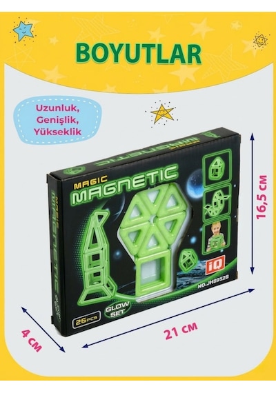 Glow Manyetik Yapı Blokları 26 Parça Karanlıkta Parlayan Eğitici Zeka Oyunu Uzay Seti