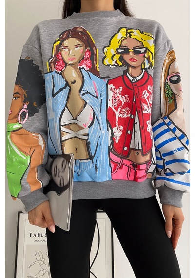Femelle Kadın Gri 3 İplik Şardonlu Baskılı Oversize Pamuk Sweatshirt