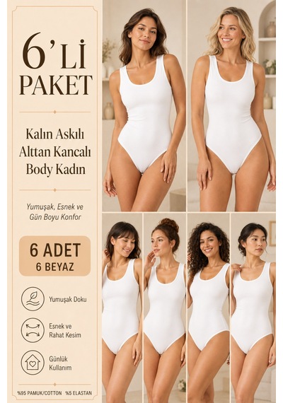 Loule Kadın 6'lı %95 Pamuklu Geniş Askılı Alttan Kancalı Body Beyaz