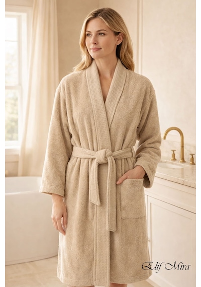 Kimono Yaka Unisex Tek Kişilik Pamuklu Banyo Bornozu Comfort Bej