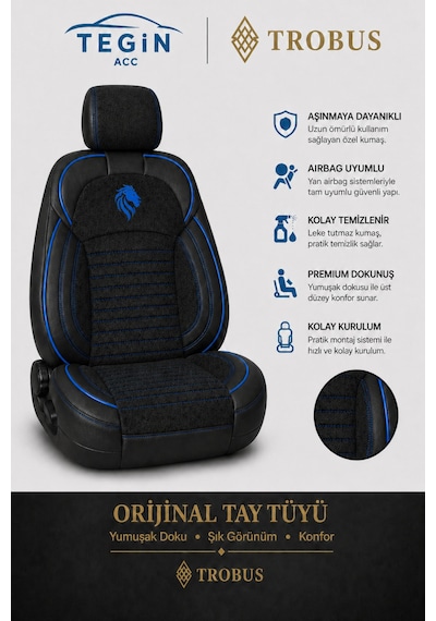 Fiat Albea 2002-2012 Araca Uyumlu Premium Tay Tüyü Koltuk Kılıfı Liona Serisi Siyah Mavi