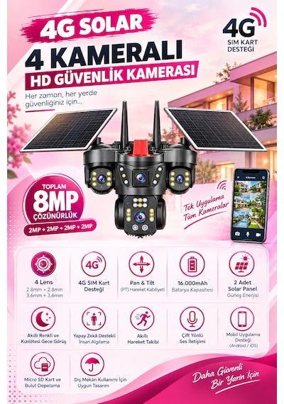 Linadex Lx-4480 4g Solar 4 Kameralı Hd Güvenlik Kamerası-çift Solar