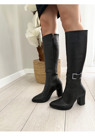 Asmi Shoes Kadın Lamor Yandan Fermuarlı Diz Altı Çizme Siyah Cilt Siyah