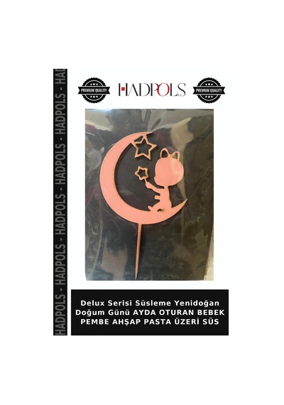 Delux Serisi Süsleme Yenidoğan Doğum Günü Ayda Oturan Bebek Pembe Ahşap Pasta Üzeri Süs