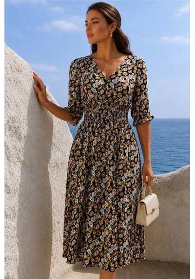Store V Yaka Elbise Kollu Kısa Midi Gipe Detaylı Çok Renkli - 935905769 Çok Renkli