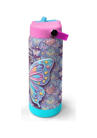 Coral High Pastel Renkli Kelebek Desenli Katlanır Ağızlıklı Çelik Termos 650 Ml 38306 Pastel