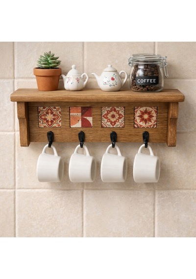 4 Askılı Doğaltaş Dekorlu Ahşap Duvar Düzenleyici Giriş Holü Anahtarlığı, Mutfak Ve Banyo Duvar Rafı 35x12-4 Asklılı