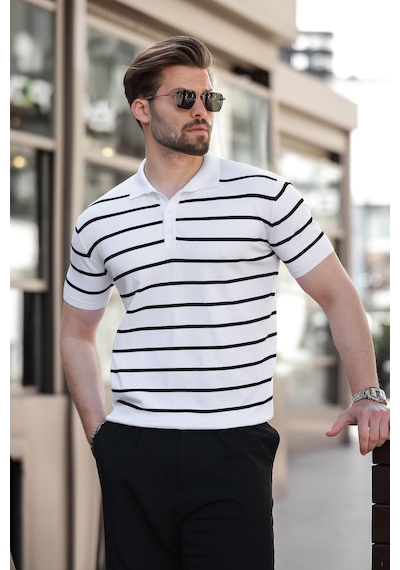 Madmext Beyaz Çizgili Polo Yaka Erkek T-shirt E7405 Beyaz