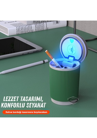 Üniversal Kahve Bardağı Görünümlü Led Işıklı Yanmaz Koku Geçirmez Oto Küllük Dumansız Sızdırmaz Kapaklı Araç İçi Küllük Araba Küllüğü Yeşil Beyaz