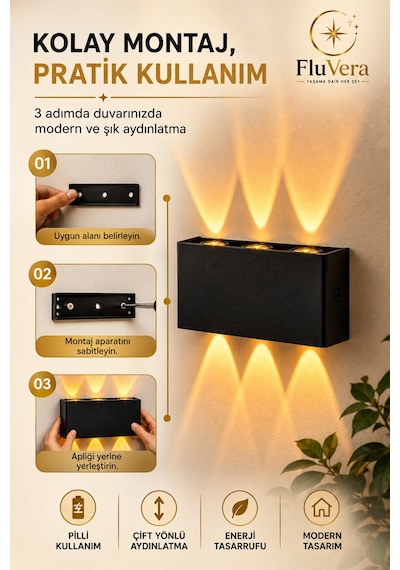 Pilli Amber 12w 3 Led Çift Taraflı Siyah Duvar Aplik Dekoratif Led Aydınlatma İç Dış Mekan Siyah