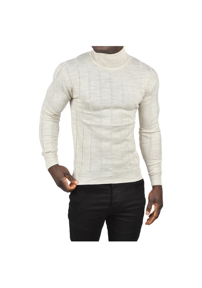 Deepsea Erkek Bej Slim Fit Likralı Tam Balıkçı Yaka Çizgili Boğazlı Kazak 2505504 Bej