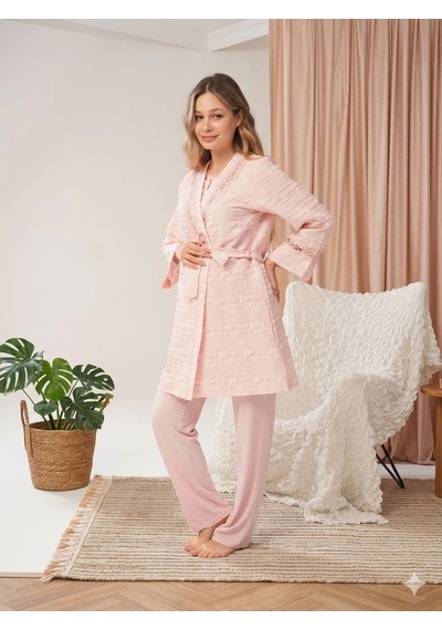Kocabey Bone 5806 Kadın 3'lü Sabahlıklı Lohusa Pijama Takımı Pudra
