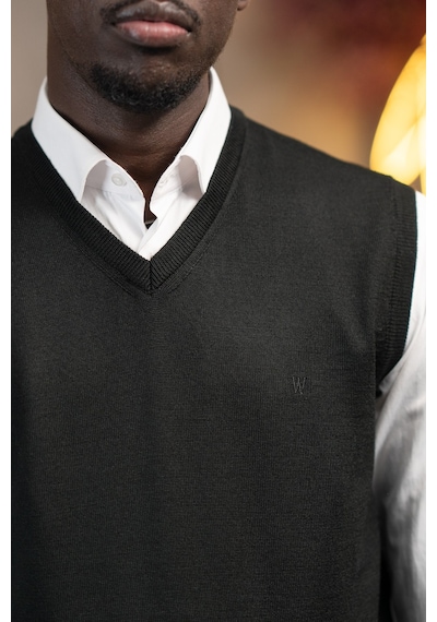 Woolen World V Yaka Regular Fit Yünlü Kolsuz Triko Süveter Siyah
