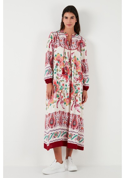 Lela Modest Desenli Regular Fit Bağlamalı V Yaka Maxi Bayan Elbise 611El510 Bordo