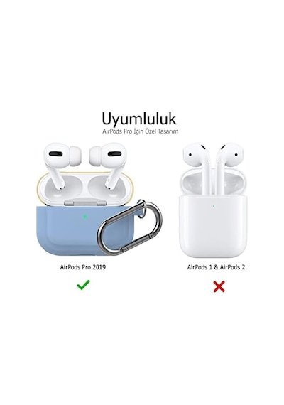 Airpods Pro 1. Ve 2. Nesil Uyumlu Silikon Kılıf Kablosuz Şarj Destekli, Karabinalı İnce Koruyucu Case Açık Mavi