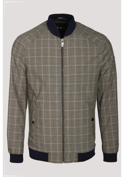 Erkek Camel Bomber Ceket Keten Karışım Slim Fit Ekose Kare Desenli Ribana Ince Astar Ceket Ncs Jeans 4984-Camel