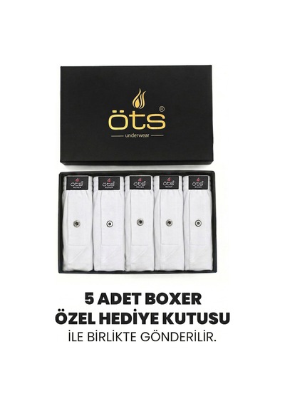 Öts Premium 5'li Erkek Boxer Düğmeli, Süprem - Hediye Kutulu, %100 Pamuk, Beyaz