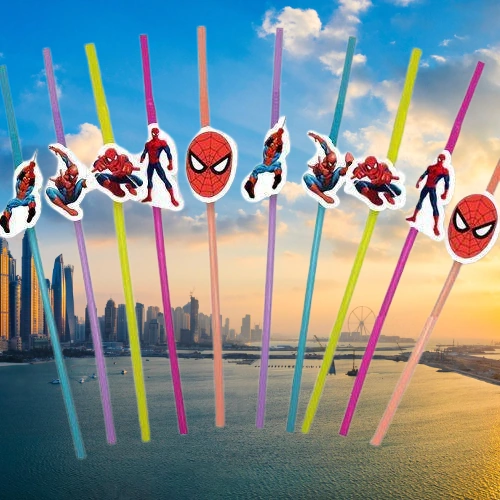 Pipet Lisanlı Spideman Temalı 10 Lu Artistik Körüklü Pipet Doğum Günü Masa Dekarasyonu +3
