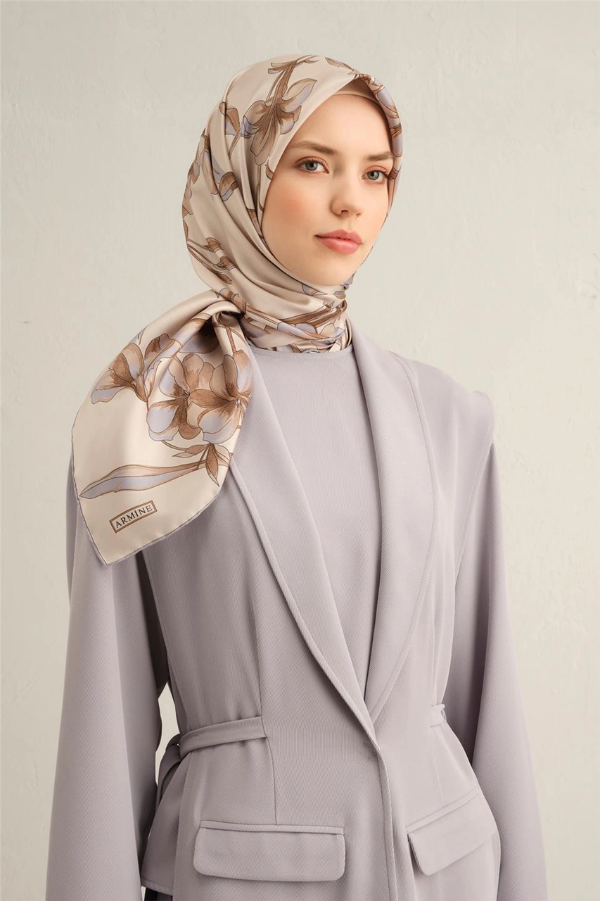 Armine Çiçek Desenli Saf İpek Twill Eşarp 9324d 82 BEj