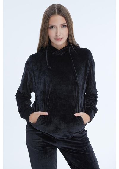 Selectmoda Kadın Kapüşonlu Cep Detaylı Kadife İkili Takım Siyah