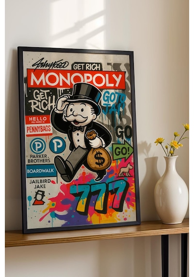 Monopoly Get Rich Çerçeveli Tablo Angel Number 777 Genç Girişimci Yatırımcı Ofisi Dekoru Street Art