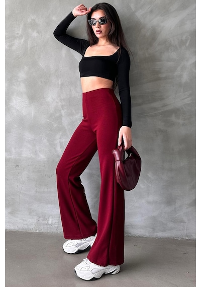 Bordo Yüksek Bel Düz Model Kadın İspanyol Paça Tayt Pantolon Mg2288 Bordo
