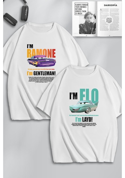 Unisex Kadın Erkek Ramone,flo Layd Ve Gentleman Baskılı Sevgili Çift Kombini Tasarım Oversize Tshirt Beyaz Mck0515 Beyaz