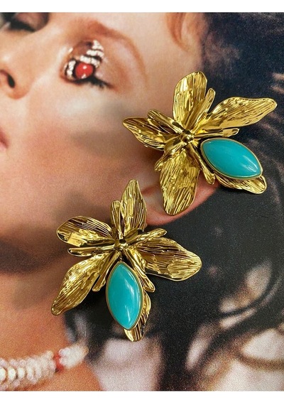 Pinery Jewels Firuze Taşlı Yaprak Paslanmaz Çelik Kadın Küpe Çifti Altın