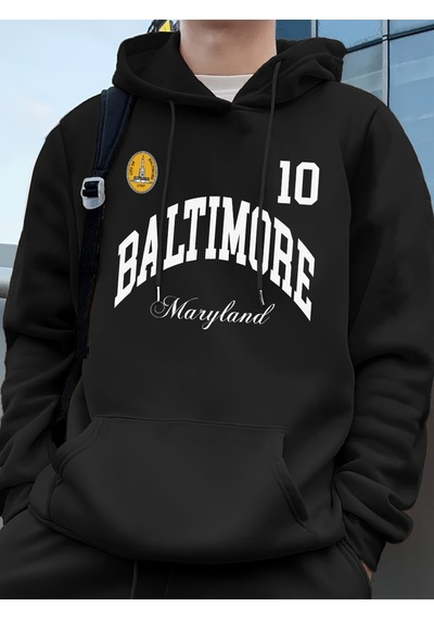 Startmore Startmorebaltimore Maryland Amblemi Baskılı Kapüşonlular Erkek Sportif Gevşek Tişörtü Kış Polar Sıcak Siyah